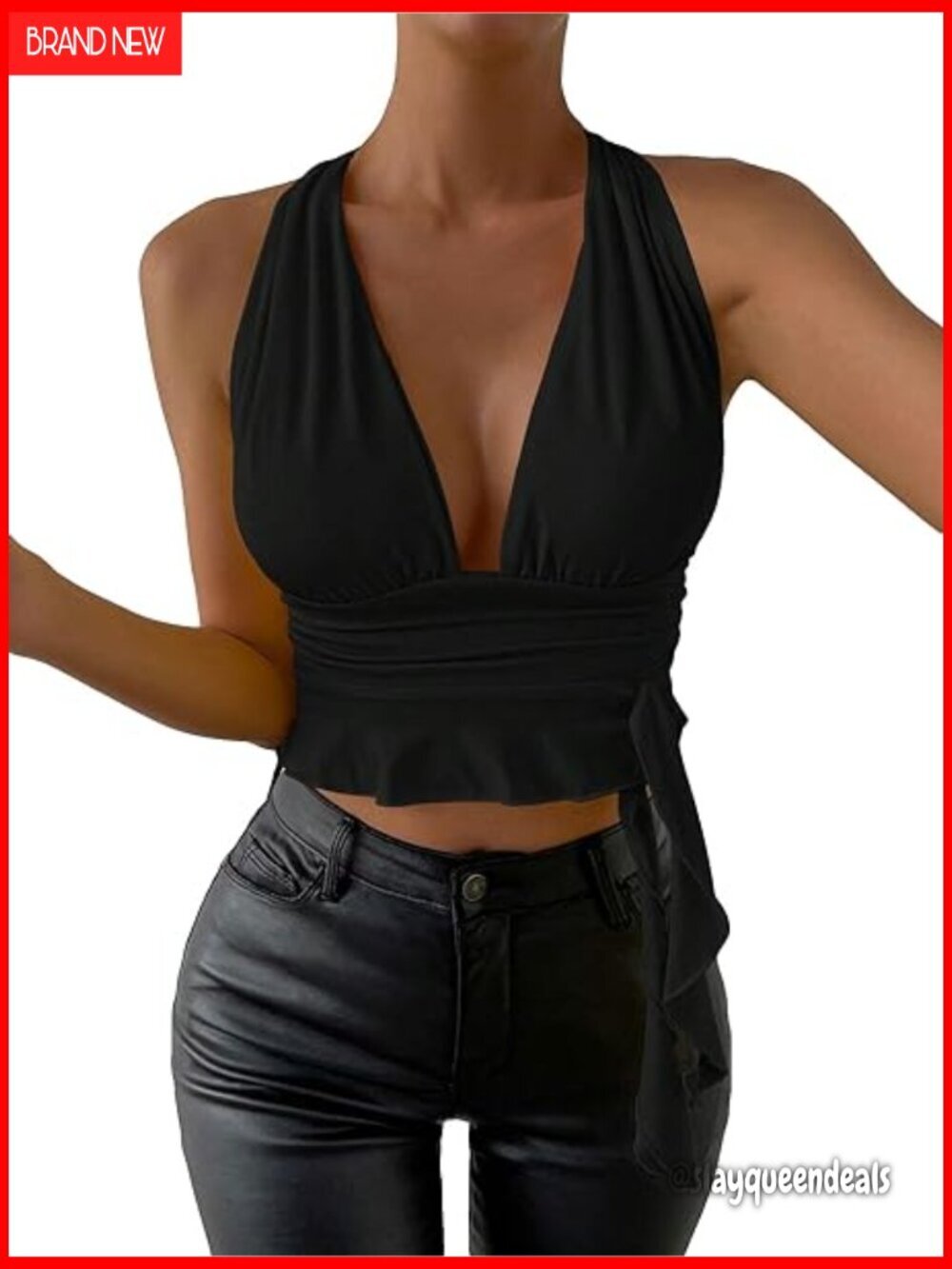 Women's Halter V-Neck Crop Top Summer Tank Sleeveless Backless Ruffle